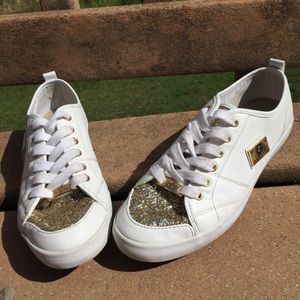 G by Guess - Gold & White Lace Up Sneakers